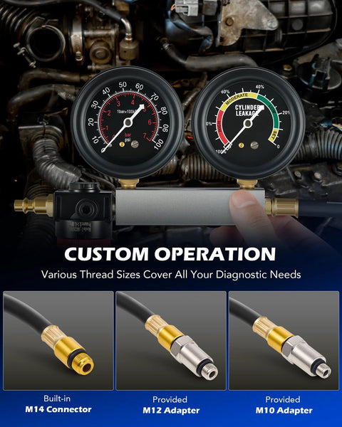 Orion Motor Tech cylinder leak-down tester with dual gauges on a metal manifold; M14 connector and M12/M10 adapters