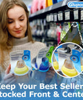 Woman holding baby bottles with labels in store aisle, displaying Gluposti products.