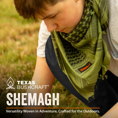 Person wearing Desert Shemagh Tactical Scarf 43x43 Inches, 100 Percent Cotton Keffiyeh around neck outdoors.