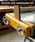 Moxon Vise Hardware Kit with Acme Threaded Rod, showing installed hand wheels, acme screws, and wooden block for woodworking.
