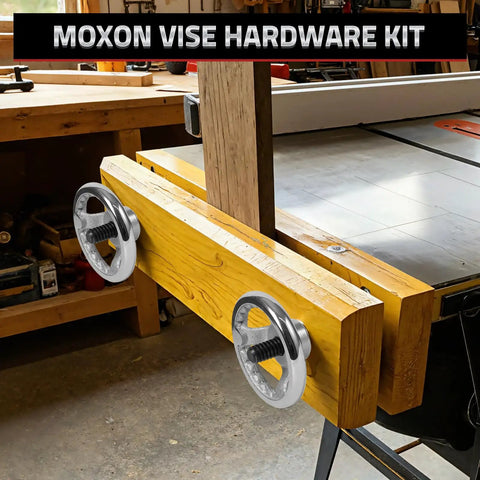 Moxon Vise Hardware Kit with Acme Threaded Rod, showing installed hand wheels, acme screws, and wooden block for woodworking.