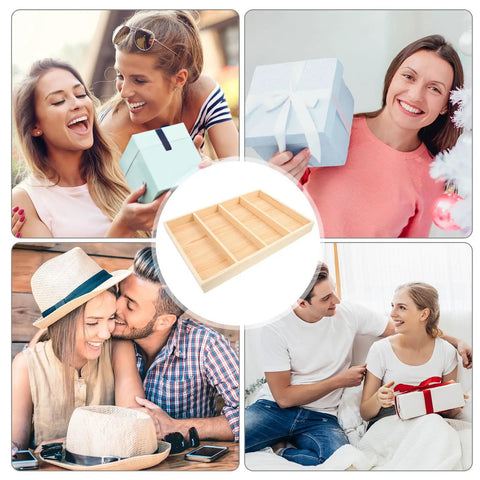Premium Straight Up Solid Natural Wood Jewelry Tray With Four Roomy Compartments Smooth Ring Display Plate shown with smiling friends.