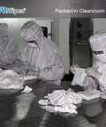Front view of cleanroom technicians in white suits handling 4x4 in AAWipes cleanroom polyester wipes on a stainless perforated table.