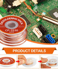 Three Size Copper Desoldering Wick Kit used on PCB for no clean solder removal; 0.08 in, 0.10 in, 0.12 in wicks on display.