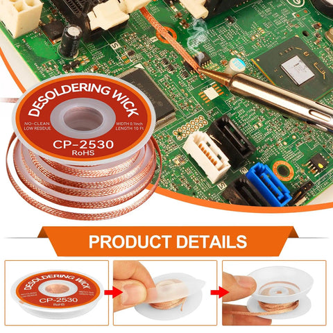Three Size Copper Desoldering Wick Kit used on PCB for no clean solder removal; 0.08 in, 0.10 in, 0.12 in wicks on display.