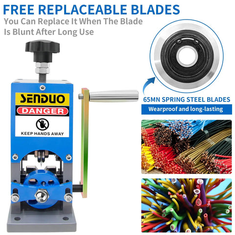Portable Manual Wire Stripper Machine With Hand Crank Adjustable 0.06 To 1.57 Inch Cable Stripper For Drill Durable Aluminum Construction Great For Scrap Copper Recycling with replaceable blades displayed.