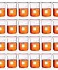 24 Pack 100 Ml Borosilicate Glass Lab Beakers with Spouts, filled with orange liquid, arranged in rows.