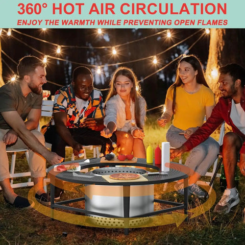Group enjoying 38 Inch Fire Pit Surround Tabletop For Smokeless Fire Pit With Dust Cover And Powder Coated Steel Build outdoors.
