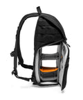 Side view of ProTactic BP 300 AW II Mirrorless And DSLR Backpack with QuickShelf Divider System in open position, showing interior compartments.