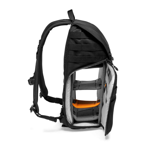 Side view of ProTactic BP 300 AW II Mirrorless And DSLR Backpack with QuickShelf Divider System in open position, showing interior compartments.