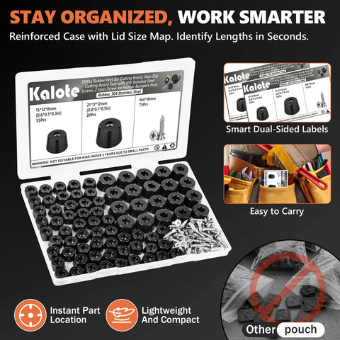 150 Piece Cutting Board Rubber Feet Kit With Stainless M4x16 Screws Non Slip Anti Skid Pads Includes 20 Large And 55 Medium Black Feet