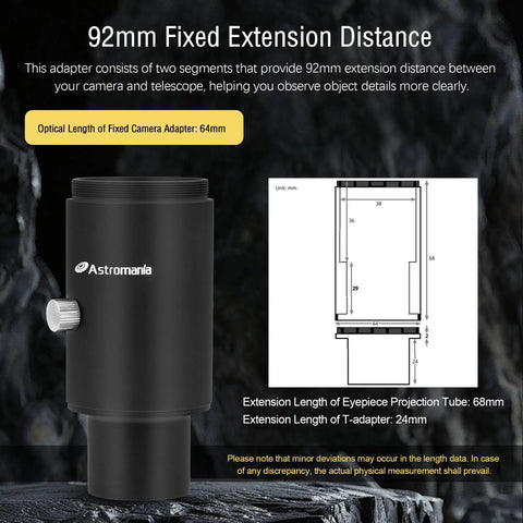 92mm fixed extension camera adapter with diagram and details for telescopes, labeled Astromania, in black-anodized aluminum.