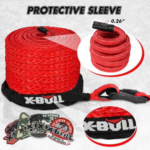 Synthetic Winch Rope Kit Half Inch By Eighty Five Feet With Thirty Two Thousand Pound Tensile Strength Made From UHMWPE For Off Road Four By Four Vehicles Includes Protective Sleeve Forged Hook And Safety Strap Red, coiled with protective sleeve.