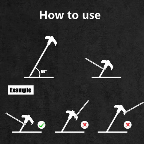 Diagram showing correct 60-degree angle for using 8 Inch Heavy Duty Screw In Tent Stakes 12 Pack With Hex Socket And Storage Case Drill In Ground Anchors For Camping Galvanized Carbon Steel Built Tough For Rugged Windy Weather.