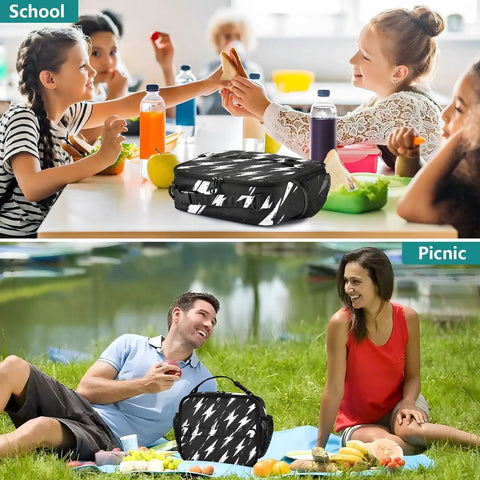 Retro Lightning Bolt Pattern Insulated Lunch Bag For Work School Travel On The Go Carrier With Thermal Insulation And Easy Clean Interior Durable Polyester Keeps Meals Fresh All Day, black, school and picnic use