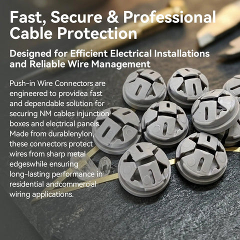 No Fuss Gray Push In Wire Connectors For Non Metallic Cable Bulk Fifty Pack positioned on a workbench, ideal for electrical installations.