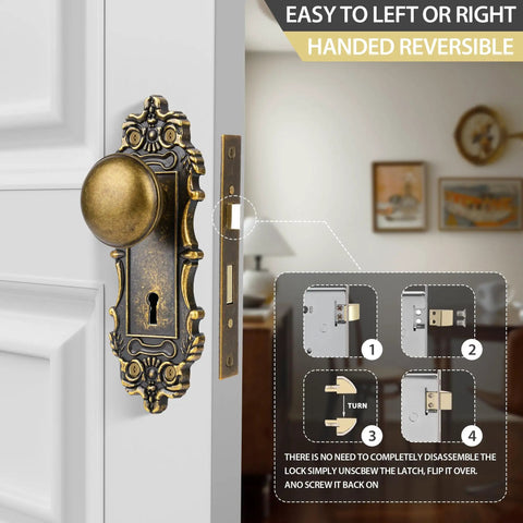 Antique Brass Mortise Lock Set For Interior Doors With Vintage Door Knob And Skeleton Key Old School Lock Replacement Retro Hardware