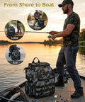 All Day Angler Fishing Backpack With Four Tackle Boxes and Rod Holders on boat, fisherman casting a line.
