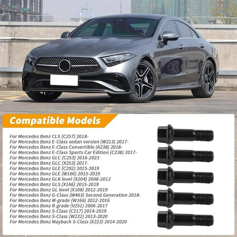 Super Sleek 20 Piece Wheel Lug Bolt And Nut Kit Perfect For Benz Models From 2005 To 2023 Made Tough With Top Quality Materials For Serious Ride Security And Style Plus Easy Install Ready Mercedes Benz sedan with black lug bolts