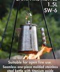 1.5L Campfire Kettle For Camping Stainless Steel Coffee Pot With Seamless One Piece Molded Body Durable Outdoor Water Boiler For Boiling Water, Brewing Coffee And Tea On Trails hanging over campfire.