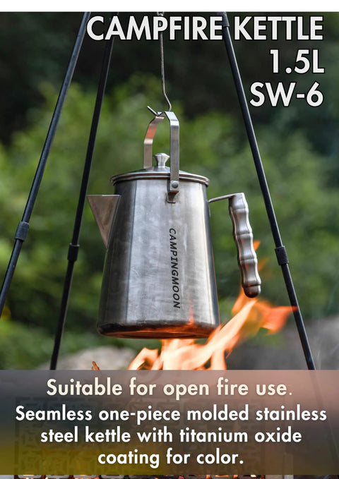 1.5L Campfire Kettle For Camping Stainless Steel Coffee Pot With Seamless One Piece Molded Body Durable Outdoor Water Boiler For Boiling Water, Brewing Coffee And Tea On Trails hanging over campfire.