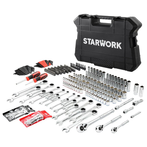 Pro-Grade 233-Piece Mechanics Tool Set With SAE And Metric Wrenches, Quick-Release 90-Tooth Ratchets, Chrome Vanadium Build shown