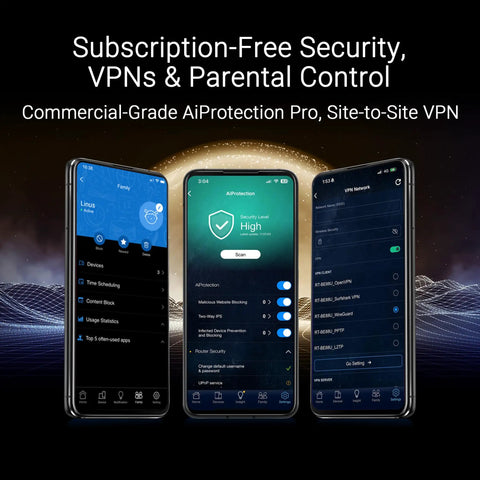 Three smartphones displaying security and VPN settings, showcasing parental control features of Beast WiFi 7 AiMesh Router.