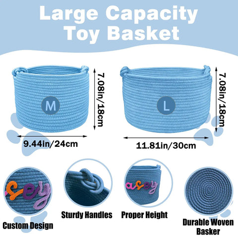 Custom Pet Toy Basket With Name Embroidery, Large Durable Cotton Rope Toy Storage Bin For Dogs And Cats, sizes M and L