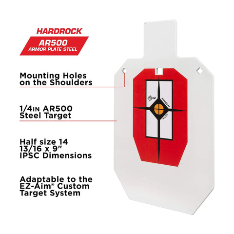 IPSC Silhouette Target On AR500 Steel For Rimfire And Centerfire Pistols 9 Inch Wide By 14.875 Inch High White Red Black Durable Design