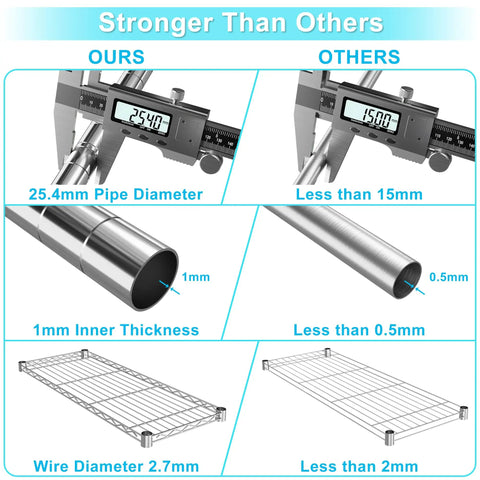 Three Tier Storage Shelves On Casters Heavy Duty Chrome Metal Shelving With Locking Wheels, Rust Resistant Garage Organizer For Home, Workshop Or Laundry, Mobile Shelving Rack. Chrome shelf wire and pipe thickness comparison
