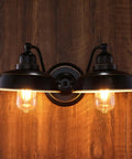 Two Light Farmhouse Wall Sconce In Oil Rubbed Bronze Finish Industrial Wall Mount Vanity Light For Bathroom Hallway Bedroom Doorway And Kitchen Sink Vintage Sconce Style With Classic Vibe illuminated against wood panel wall