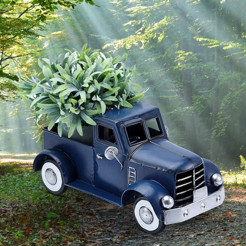 Farmhouse Blue Truck Tabletop Decor For Indoor And Outdoor Use Vintage Car with Plants on Forest Path