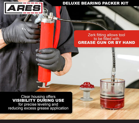 ARES 54036 two-piece deluxe bearing packer kit, front view with red grease gun and cone-style packer.