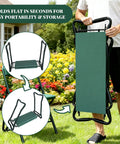 Garden Kneeler and Seat With Extra Wide 8 Inch Thick Pad, folded for storage, showing steel frame and green cushion