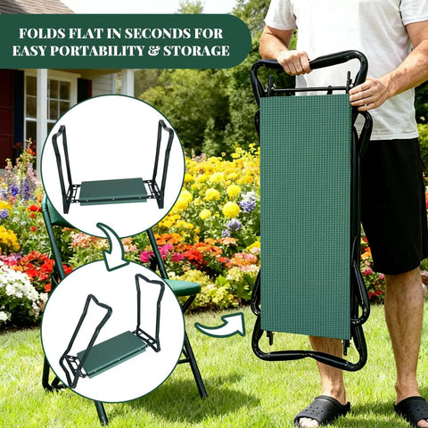 Garden Kneeler and Seat With Extra Wide 8 Inch Thick Pad, folded for storage, showing steel frame and green cushion