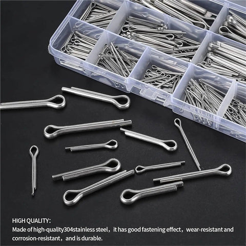 Stainless Steel Cotter Pins Kit With 580 Pieces In 24 Sizes displayed in an organizer, highlighting R clip hairpin style fasteners.
