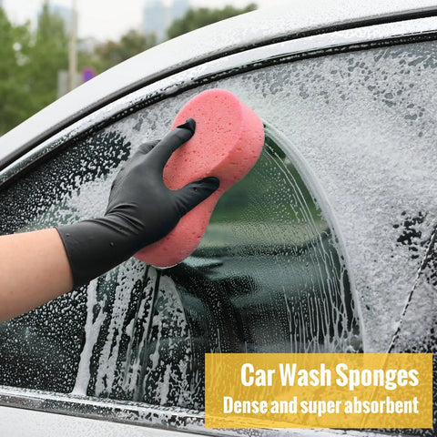 Washing car window with sponge from Six Piece Car Detailing Brush Set With Ultra Soft Boar Hair Detail Brushes For Wheels Air Vents