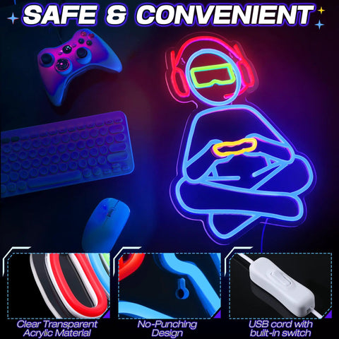 Gamer Neon Sign For Wall Decor 3D Dimmable USB Powered With 8 Modes Control Transparent Light Up Sign on wall with controller