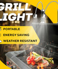 LED BBQ Grill Light Set Of 2 With 360 Degree Magnetic Base And Extra Long Gooseneck installed on a grill, illuminating food.