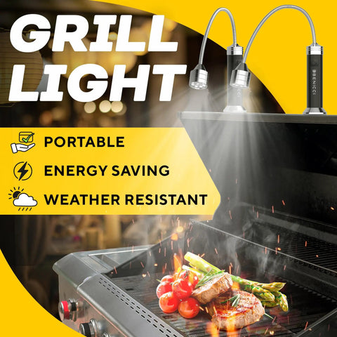 LED BBQ Grill Light Set Of 2 With 360 Degree Magnetic Base And Extra Long Gooseneck installed on a grill, illuminating food.