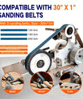 750W Variable Speed Belt Grinder Sander With VFD Control And 2 Molds, showing compatible 30" x 1" sanding belts and metalworking usage.