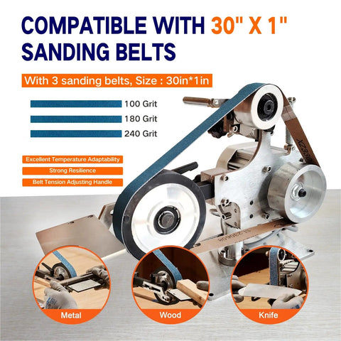 750W Variable Speed Belt Grinder Sander With VFD Control And 2 Molds, showing compatible 30" x 1" sanding belts and metalworking usage.