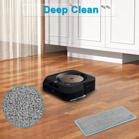 8 Pack Washable Reusable Wet Mopping Pads For Irobot Braava Jet M6 on hardwood floor with close-up of pad texture.