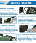 Image showing features of 4 In 1 SMD Hot Air Rework Station With 70W Soldering Iron Vacuum Pickup And Smoke Absorber Digital Temperature Control Fast Heat Pro Electronics Repair Tool For BGA ICs And SMT Work, including hot air rework, soldering iron, temperature and air control, and fume extraction.