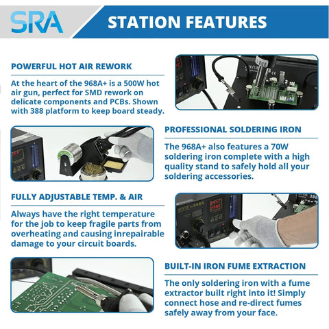 Image showing features of 4 In 1 SMD Hot Air Rework Station With 70W Soldering Iron Vacuum Pickup And Smoke Absorber Digital Temperature Control Fast Heat Pro Electronics Repair Tool For BGA ICs And SMT Work, including hot air rework, soldering iron, temperature and air control, and fume extraction.