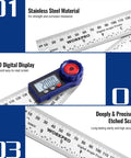 Rock Solid Digital Angle Finder With A Slick Stainless Steel Frame And Smooth 360 Degree Rotation For Zero Hassle Layout Work Plus A Handy Folding Straight Ruler For Fast Job Site Prep showing LCD display and folded ruler.