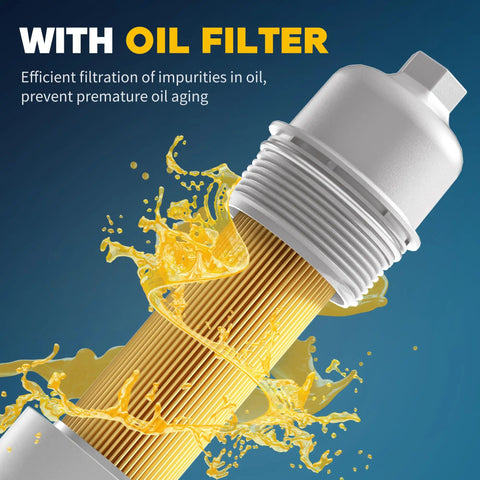 Beefed Up All Aluminum Engine Oil Filter Housing With Oil Cooler Upgrade showing integrated oil filter feature for 3.6L engines.