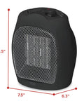 Small Space Heater 1500W Ceramic Indoor Heater With 3 Settings, black unit showing dimensions 9.5x7.5x6.3 inches