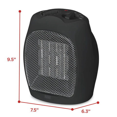 Small Space Heater 1500W Ceramic Indoor Heater With 3 Settings, black unit showing dimensions 9.5x7.5x6.3 inches