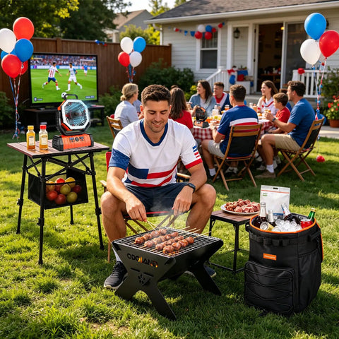 High Capacity 30000mAh Oscillating Camping Fan With LED Lantern on a table during backyard BBQ with people and balloons